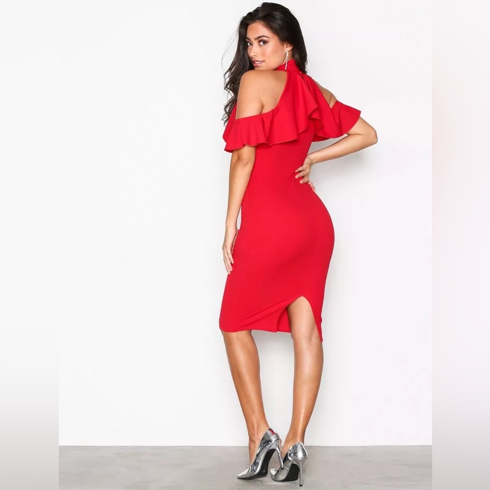 High Neck Frill Cold Shoulder Midi Dress